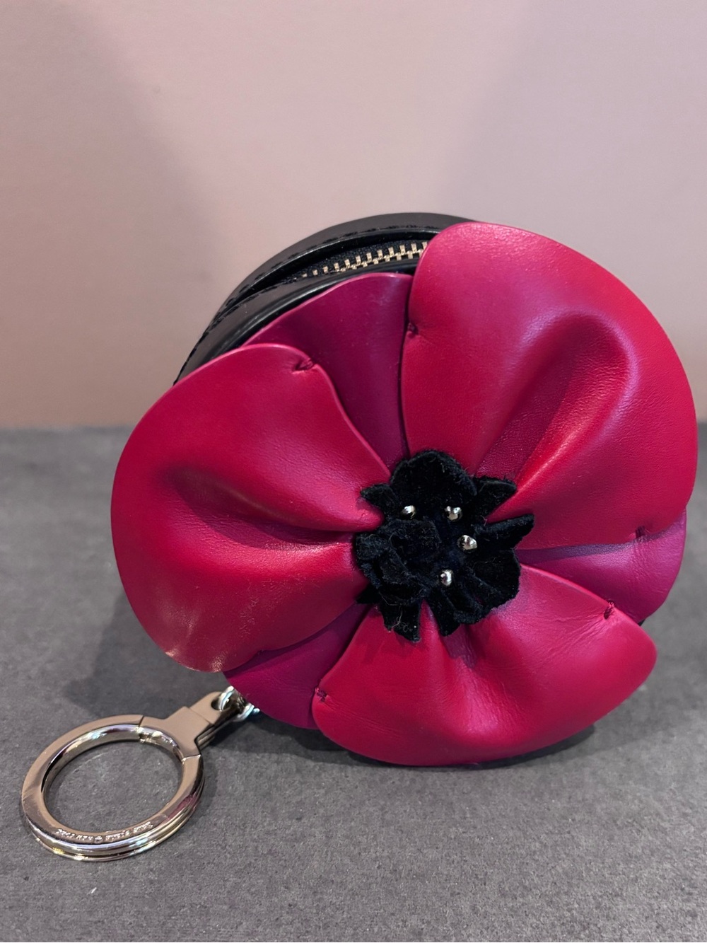 Kate Spade Red Poppy Zip Up Coin Case Leather Flower Coin Purse Key Holder